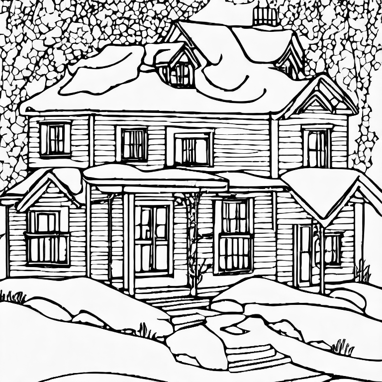 Coloring page of house with snow