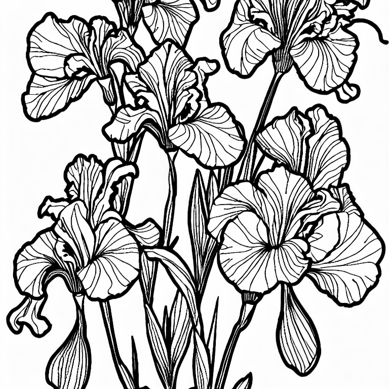 Coloring page of iris bouquet