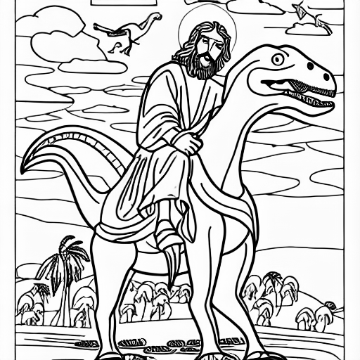 Coloring page of jesus riding a dinosaur