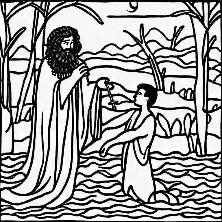 Coloring page of john the baptist baptizing someone in the jordan river