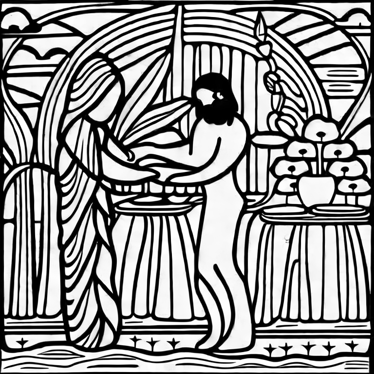 Coloring page of john the baptist baptizing someone style of coloring book vector lines black and white
