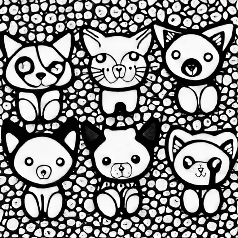 Coloring page of kawaii style cats with big eyes and tiny paws