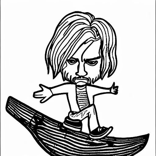 Coloring page of kurt cobain riding on a duck