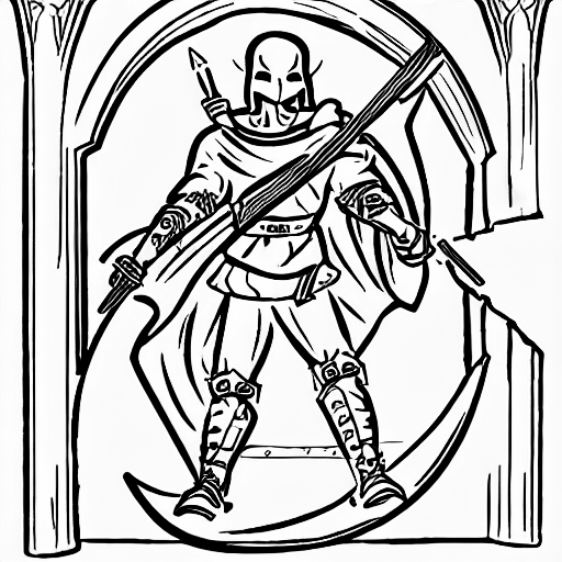 Coloring page of legendary artifact sealed in a dark tomb a valiant hero arises to retrieve it