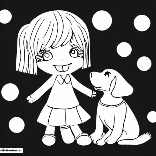 Coloring page of little manga girl with a dog