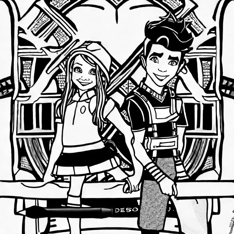 Coloring page of mal and ben together from descendants 1 at the end of the movie when they are dressed up