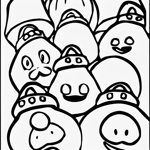 Coloring page of many goombas with christmas hats