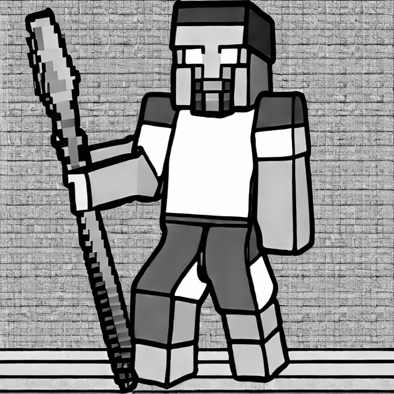 Coloring page of minecraft hero with a sword