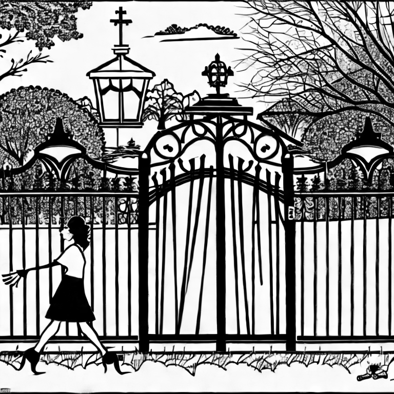 Coloring page of modern cemetery fence and gate with a ghostly woman walking in front