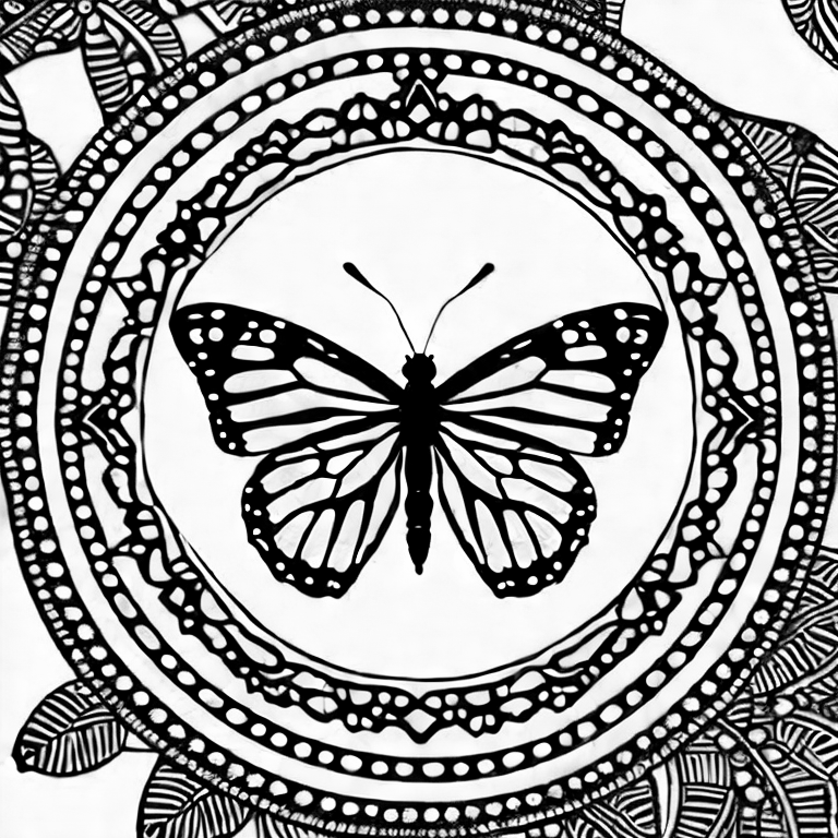 Coloring page of monarch butterfly with lined mandala pattern