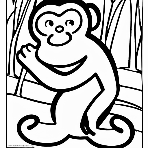 Coloring page of monkey throwing bananas and apples in the park