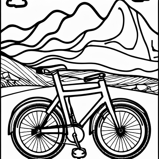Coloring page of mountains and bike
