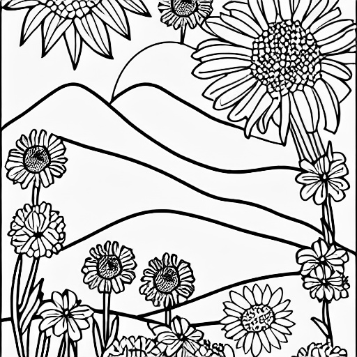 Coloring page of mountains with flowers