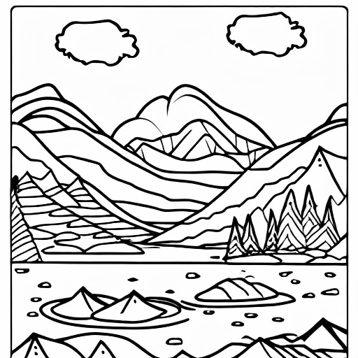 Coloring page of mountains with river