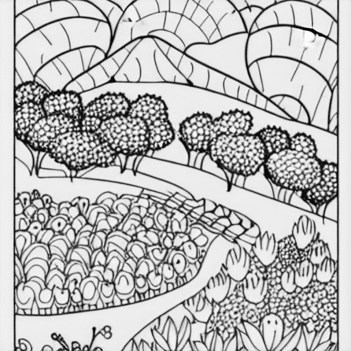 Coloring page of my garden and a hill in the background