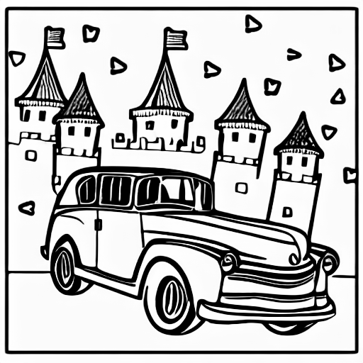 Coloring page of old car staying infront of castle