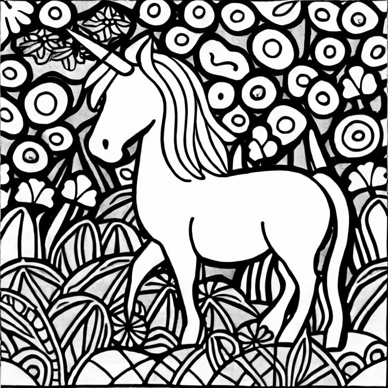 Coloring page of one cute unicorn in a farm