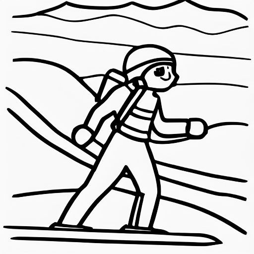 Coloring page of optimistic person on ski in the mountains