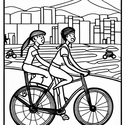 Coloring page of people on a bycicle