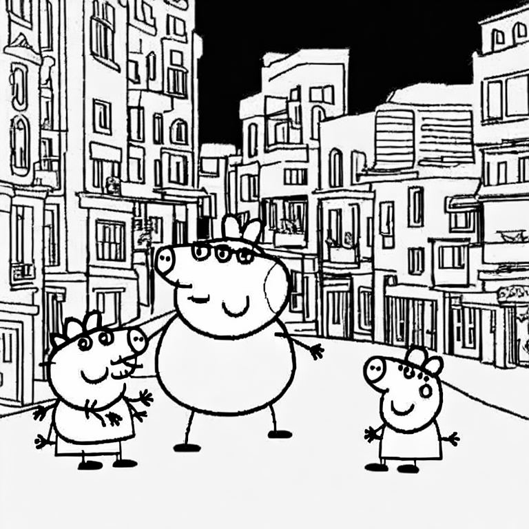 Coloring page of peppa pig walking down a city street