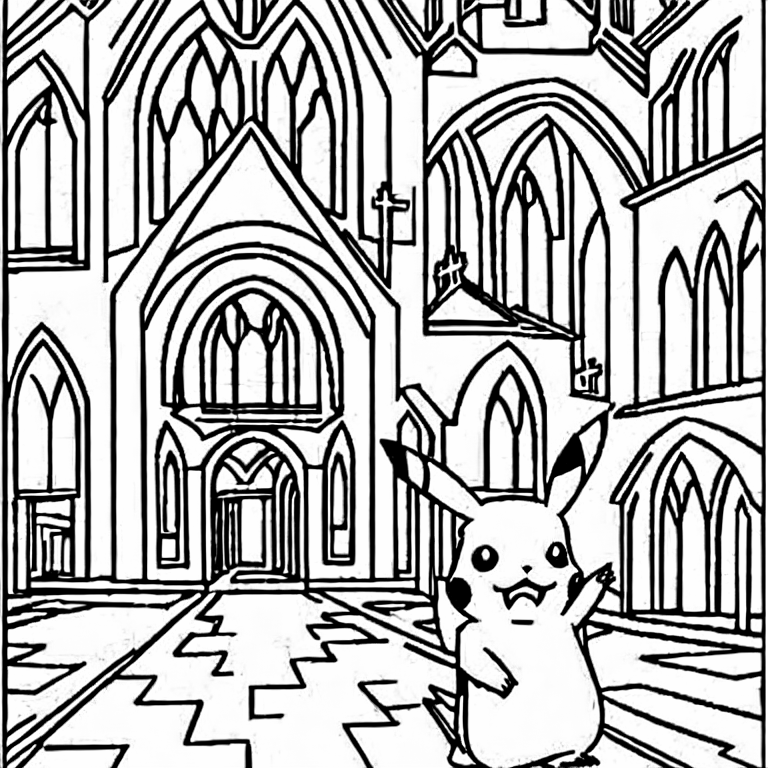 Coloring page of pikachu walking down a church