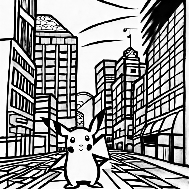Coloring page of pikachu walking down a city street