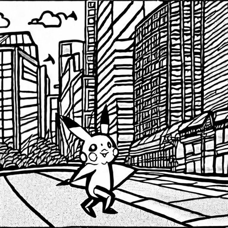 Coloring page of pikachu walking down a city street