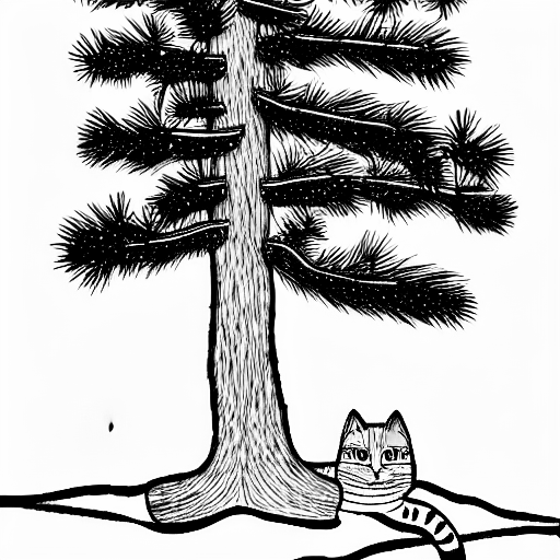 Coloring page of pine tree and cat