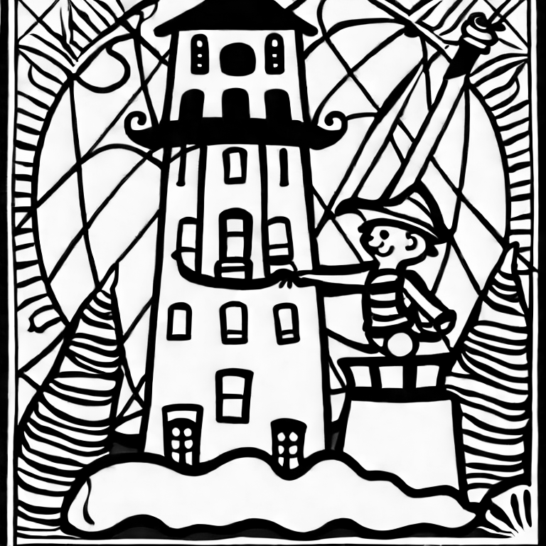 Coloring page of pirate fighting a lighthouse