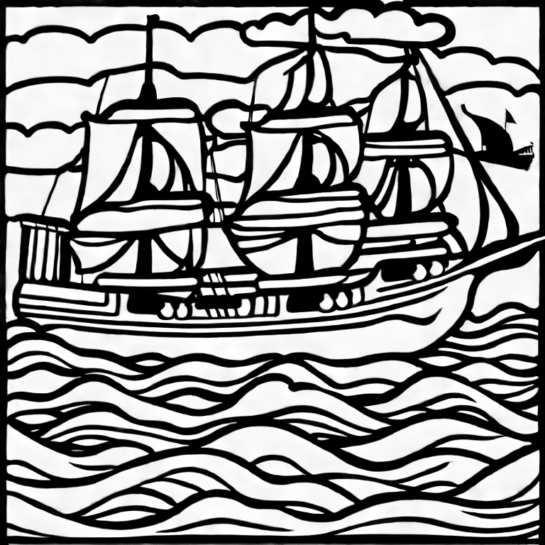 Coloring page of pirates on a ship