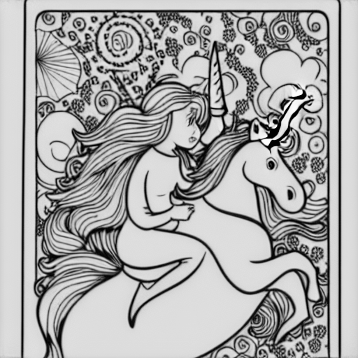Coloring page of princess riding a unicorn