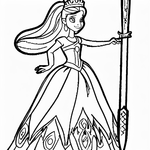 Coloring page of princess with a sword