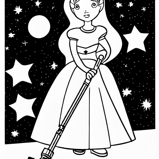 Coloring page of princess with power tools in space
