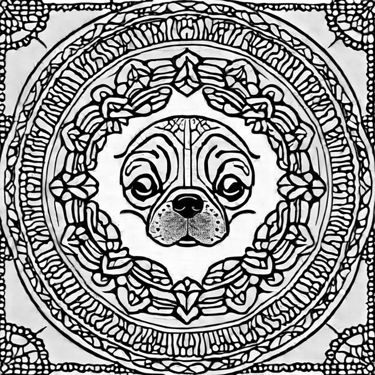 Coloring page of pug puppies with lined mandala pattern