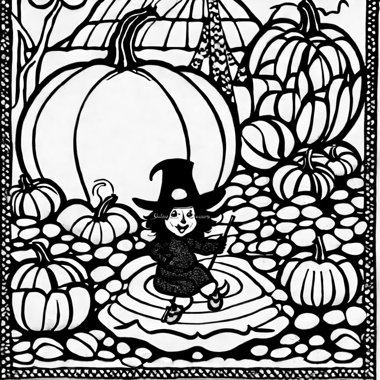Coloring page of pumpkins and witch