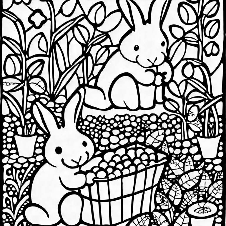 Coloring page of rabbits in the garden