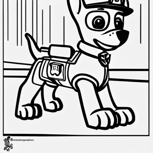 Coloring page of rider from paw patrol walking down a city street