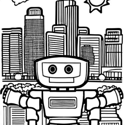 Coloring page of robot behind city skyline