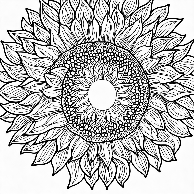 Coloring page of round detailed sunflower mandala