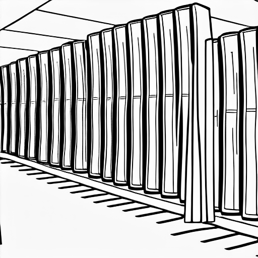 Coloring page of row upon row of servers in a giant datacenter
