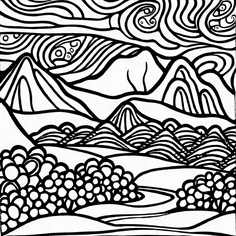Coloring page of scenery and mountains
