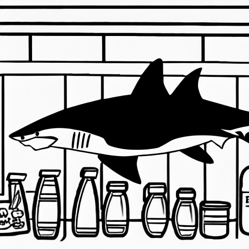 Coloring page of shark in supermarket