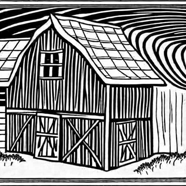 Coloring page of simple barn front with gambrel roof black and white childlike cartoon and no background