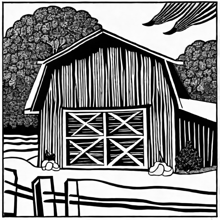 Coloring page of simple barn front with gambrel roof cartoon and no background