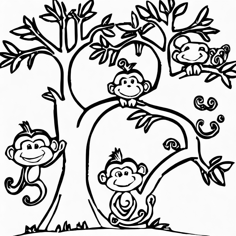 Coloring page of simple tree and monkey