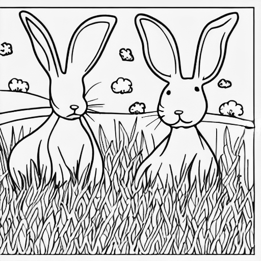 Coloring page of some rabbits in a field