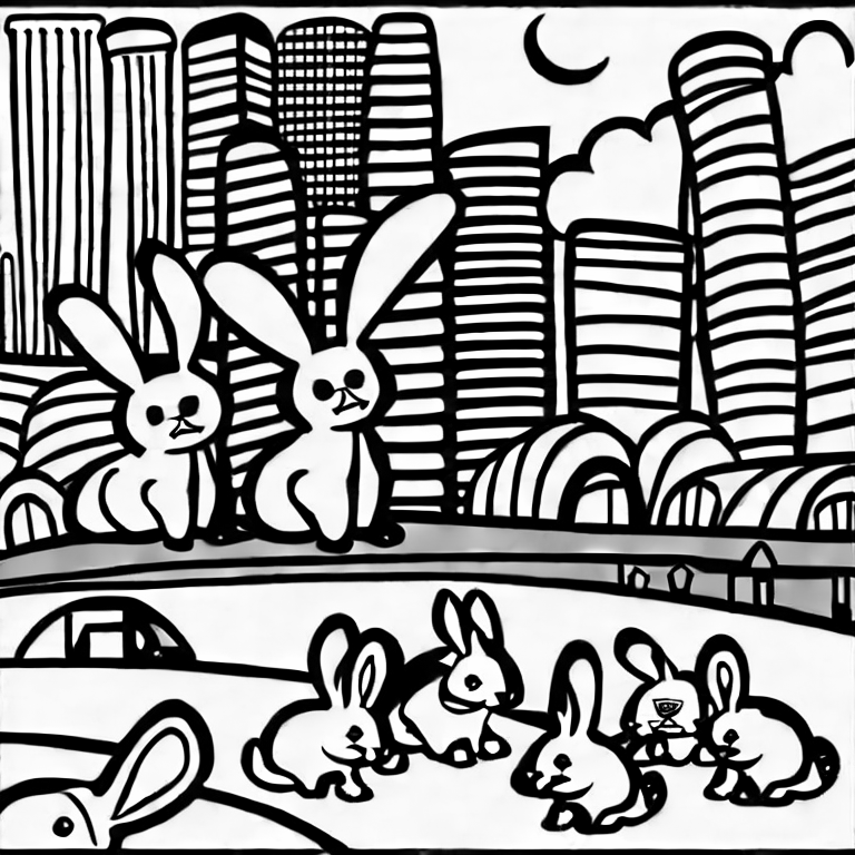 Coloring page of some rabbits in city