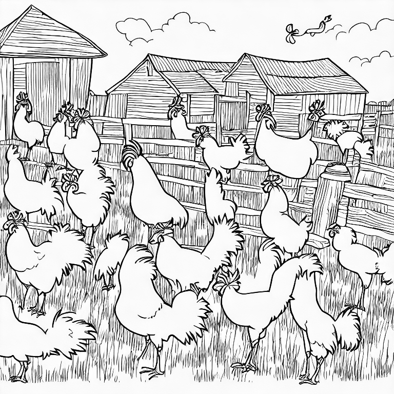 Coloring page of some roosters on a farm