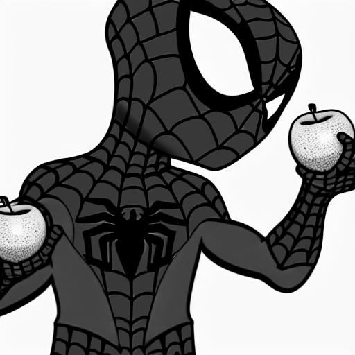 Coloring page of spiderman eating an apple