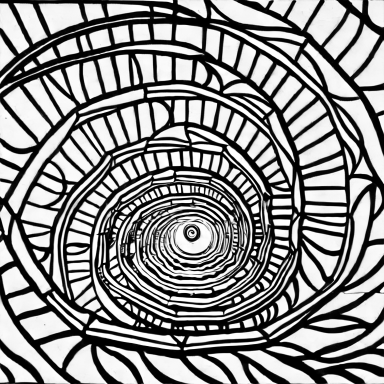 Coloring page of staircase swirling up to mystic sky